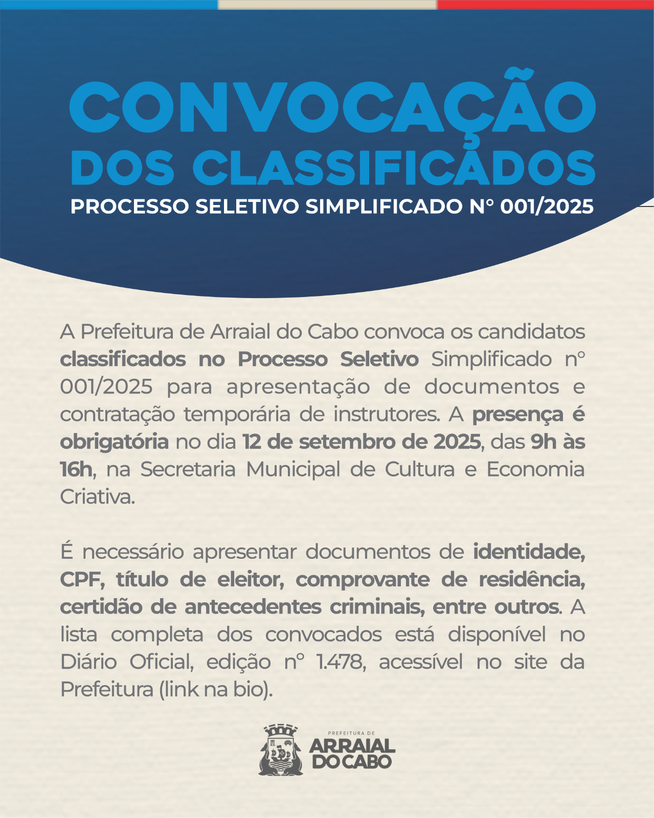 Prefeitura convoca classificados em Processo Seletivo Simplificado n°001/2025 do Integra Arraial 